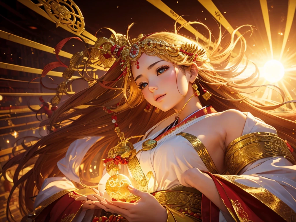 " of the Sun, Goddess of Love": In a sacred sanctuary bathed in sunlight, Depicting the figure of the sun goddess of love,  She faces forward and shines a sacred glow around her ,  focus on the face , Holding glowing orbs of light in both hands, Represents the life-giving power of the sun. Her hair is shining gold,  wearing a traditional shrine maiden costume seen at Japanese shrines.  The background is mostly gold  , A sense of sacred grandeur, Numerous heart-patterned objects representing the beauty of love. Heaven is a Stage,  kind,  bright light, One can find inner peace and tranquility, No trace of anxiety.