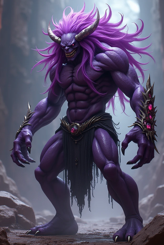 Create a purple superhero, high, muscular and scaly, that has hair with tentacles and man



