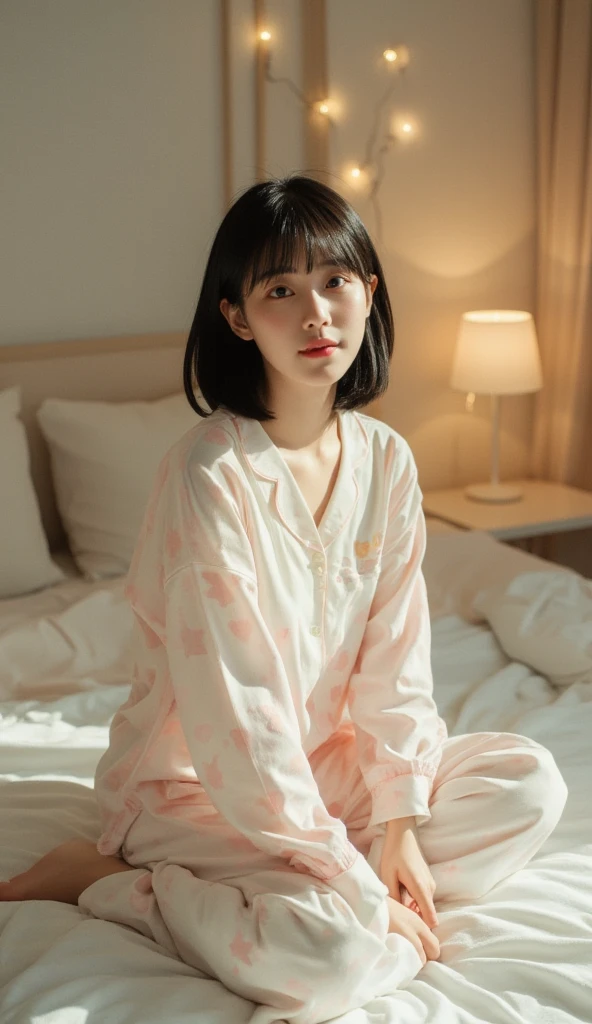 A 15-year-old girl with short black hair and bangs creates the image of a beautiful Asian girl. Her skin is radiant and smooth, sitting gracefully on a comfortable bed. She wears cute pastel-colored pajamas with delicate patterns such as stars or hearts. The scene is a dimly lit bedroom with warm natural light, creating a dreamy atmosphere. The bed is decorated with soft pillows and a soft blanket, and the background has light curtains and a small bedside table with a lamp. The girl's expression is cheerful and relaxed, adding an attractive and charming atmosphere to the scene.