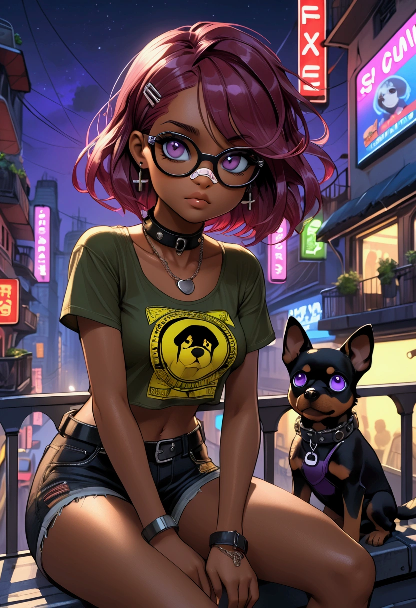  Masterpiece, high quality, best definition, beautiful cartoon, beautiful body, beautiful face, beautiful eyes, beautiful face, beautiful hair, beautiful hands, big cute cartoon eyes, 1  whith  Sitting on metal balcony in a  cyberpunck city, She is dark-skinned, with Latin features, pretty, violet eyes, her eyes are half closed with violet shading and intense red hair short bob, slim and small but athletic body, some mosculature, she has a band-aid on her nose, over her hair pilot's glasses, Olive green t-shirt with military camouflage, black denim shorts and brown boots, with military dog tag collar, it's flat-chested, it's nighttime and there are neon lights