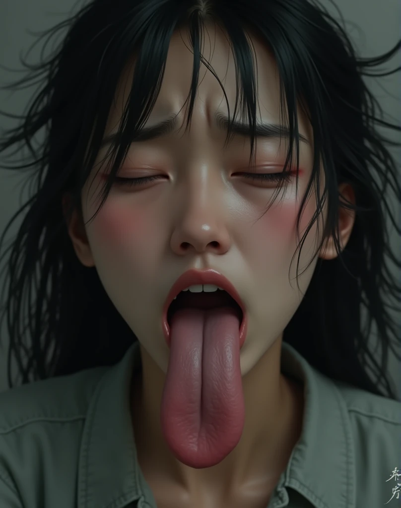 (masterpiece:1.3), (8k, Realistic, RAW Photos, highest quality: 1.4), ((One Japanese woman, Sadako)), Beautiful Face, (Realistic Face), (Black hair straight, Long Hair:1.5), ((bangs:1.4)), Beautiful hairstyle, Realistic eyes, ((White of the eyes:1.2)), Beautiful fine details, (Realistic Skin), Beautiful Skin, ((Pale skin:1.4)), Absurd, Charm, Ultra-high resolution, Ultra-realistic, Very detailed, Golden Ratio, ((Crawling out of a TV monitor)), ((Eyes closed)), ((Frowning)), (Flushing), NSFW, (Giving a blowjob), fellatio, (cum on face:1.2), (cum on mouth:1.2), (Close-up of face), BREAK ((1boy, 1penis:1.2, real penis)), (Thick penis), (projectile cum), (excessive cum:1.2), (steam:1.2), Top-down view, A dark four-and-a-half-tatami Japanese-style room in the middle of the night