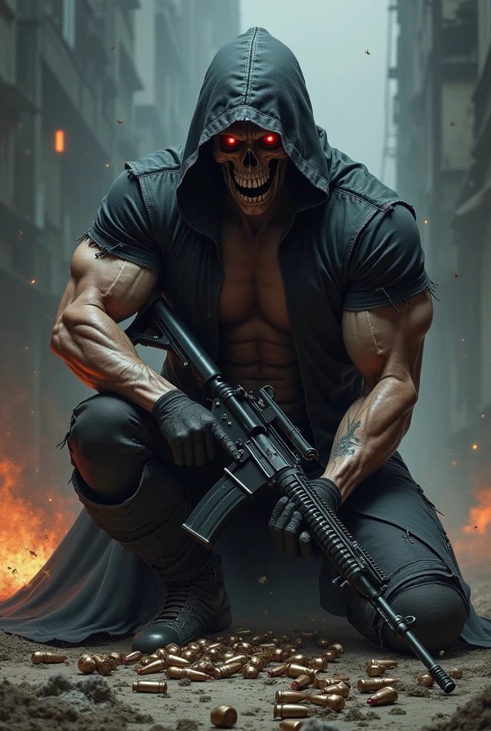 (high resolution, best quality:1.2), A shirtless athletic zombie wielding a gun and wearing a red scarf that covers his eyes and entire face. He wears a pair of military pants and a belt. Morcegos voando ao fundo. Cemetery scenery at night. fotorrealista. Ultra realista.