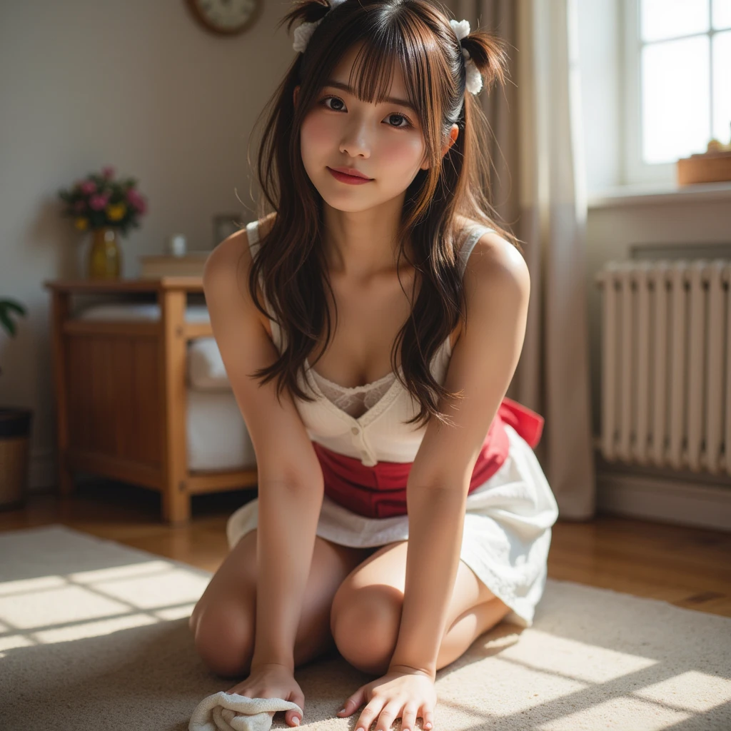 『 1 Japanese girl :1.3』『 real photo:1.3』『 I'm on all fours hanging a rag on the living room floor:1.3』『 smiling happily:1.5』 top quality:1.2、(( Big Breasts ))、 Slightly Visible Cleavage 、(( young woman))、(( has red cheeks))(( smiling 1 :3))、((( anatomically correct、 perfect anatomy、 anatomically correct指)))、 realistic ,  top quality,  super high resolution ,  RAW photo, (Curvy body)、I can see my cleavage from the chest of my shirt  ,  wearing a sleeveless white summer dress ,  lace details on a summer dress ,  wearing a red waist-length apron ,  wearing a sleeveless white sundress『 I'm on all fours hanging a rag on the living room floor:1.3』 , barefoot,  Serious Face ,  not seeing viewers ,  long hair,  evening , My home is messy . bundled up with white scrunchies 