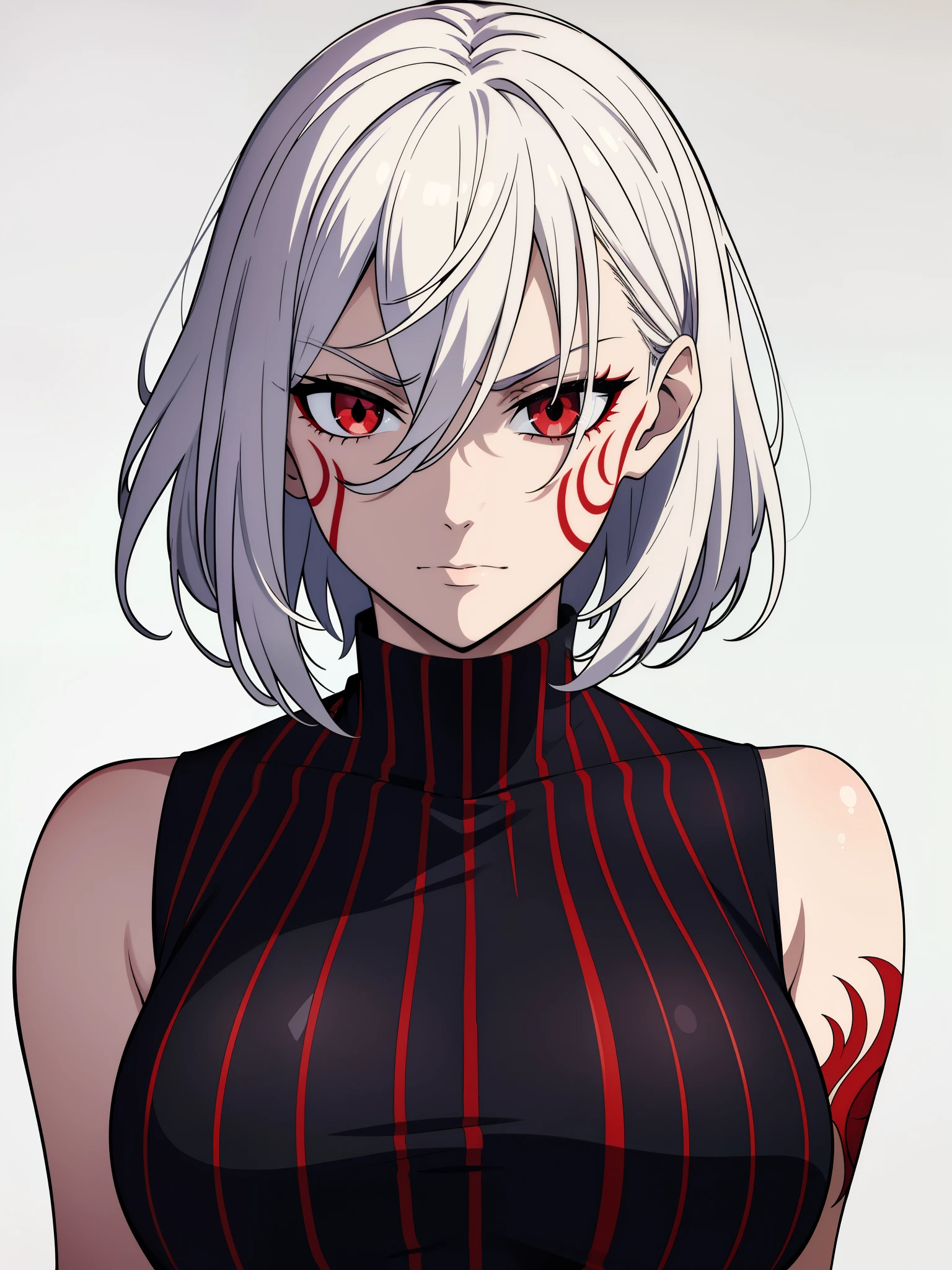 (high-quality, breathtaking),(expressive eyes, perfect face) 1female, girl, solo, young adult, short hair length, white hair, red eyes, black background, symmetrical eyes, portrait, symmetrical body, centred composition, simple background, cold expression, villain, ominous mood, red markings, red tattoos, sleeveless turtleneck shirt, confident, smug, stars background, half closed eyes,
