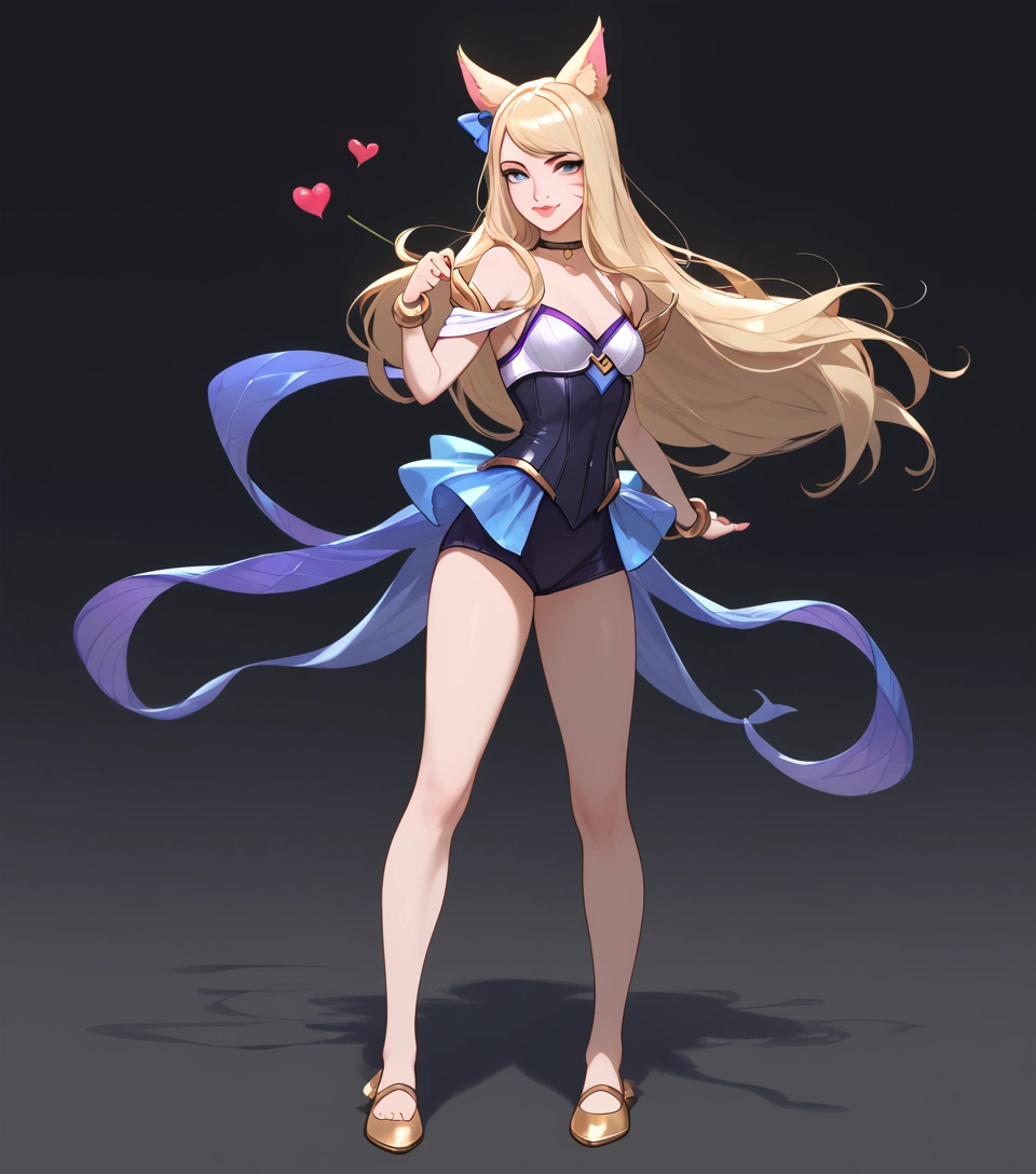 ((full body shot, standing, feet on the ground))  KDA Ahri LoL PD, ((character design sheet)), masterpiece, best quality, highly detailed, score_9, score_8_up, score_7_up, score_6_up, anime font,BREAK , 2girl, long hair, blue eyes, flower, hair bow, small breasts, bow, looking at viewer, freckles, parted lips, smile, full body, red lips, lips, leather ballet slippers, side front, she looks at you, your gauze hurts, fishnets, white background, neutral cast, dance pose
