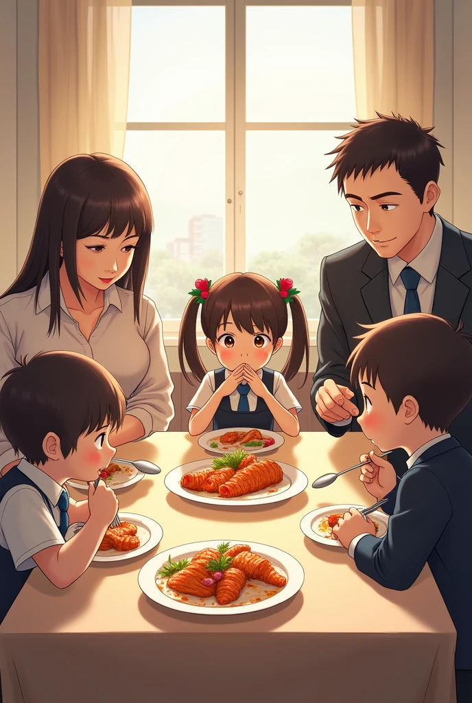 the mother is in a casual blouse and 。 staring at the dish 、 everyone has a slightly subtle expression 。The father is in a suit 、 holding forks while shaking their heads lightly 、 with a puzzled expression 。 the son who is around is in a school uniform 、 they look at the food with a slight sharpness 。 hiding his mouth while holding a spoon 、 putting down the knife and fork 、 looking at the dish with a puzzled expression 。 My daughter has twin tails and is wearing a dress、 the whole 「yeah?」 main dish on the table 。 The background is a bright casual restaurant atmosphere 、 a scene at a family restaurant 、soup、 4 family members sitting at the table 。 Realistic lighting and texture