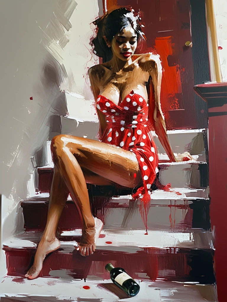 Very authentic painting by (Fabian Perez:1.3) , (Henry Asencio:1.2), (Alessandro Barbucci:1.1), a beautiful naked mulatto woman sitting wearing a red polka dot sundress sitting on a set of apartment stairs, holding a bottle of wine,, ..., master piece, complete body view, beauty, sensual feminine, visible flat brushstrokes, thick layers of paint, .. on dark background, light leaks, The painting is done with loose brushstrokes and vibrant rich imperial colors.