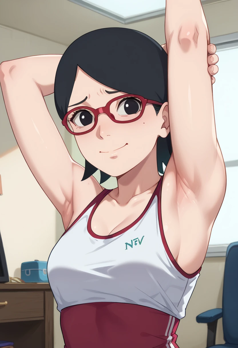 1girl,nsfw,hughres, sarada,short hair,red frame glasses,black eyes,black hair , Worried brow ,smile,,room,Armpit,Armpit wrinkles,Arms up,Stretch,