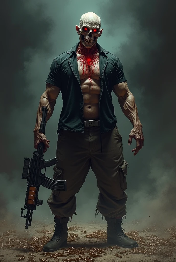 Create a poster for a horror film where a mysterious killer appears with a handful of blood in one of his hands, a knife with an athletic body but you can&#39;t see his face because there is a shadow in his eyes, the poster is from a horror film horror in the 80s style Psycho