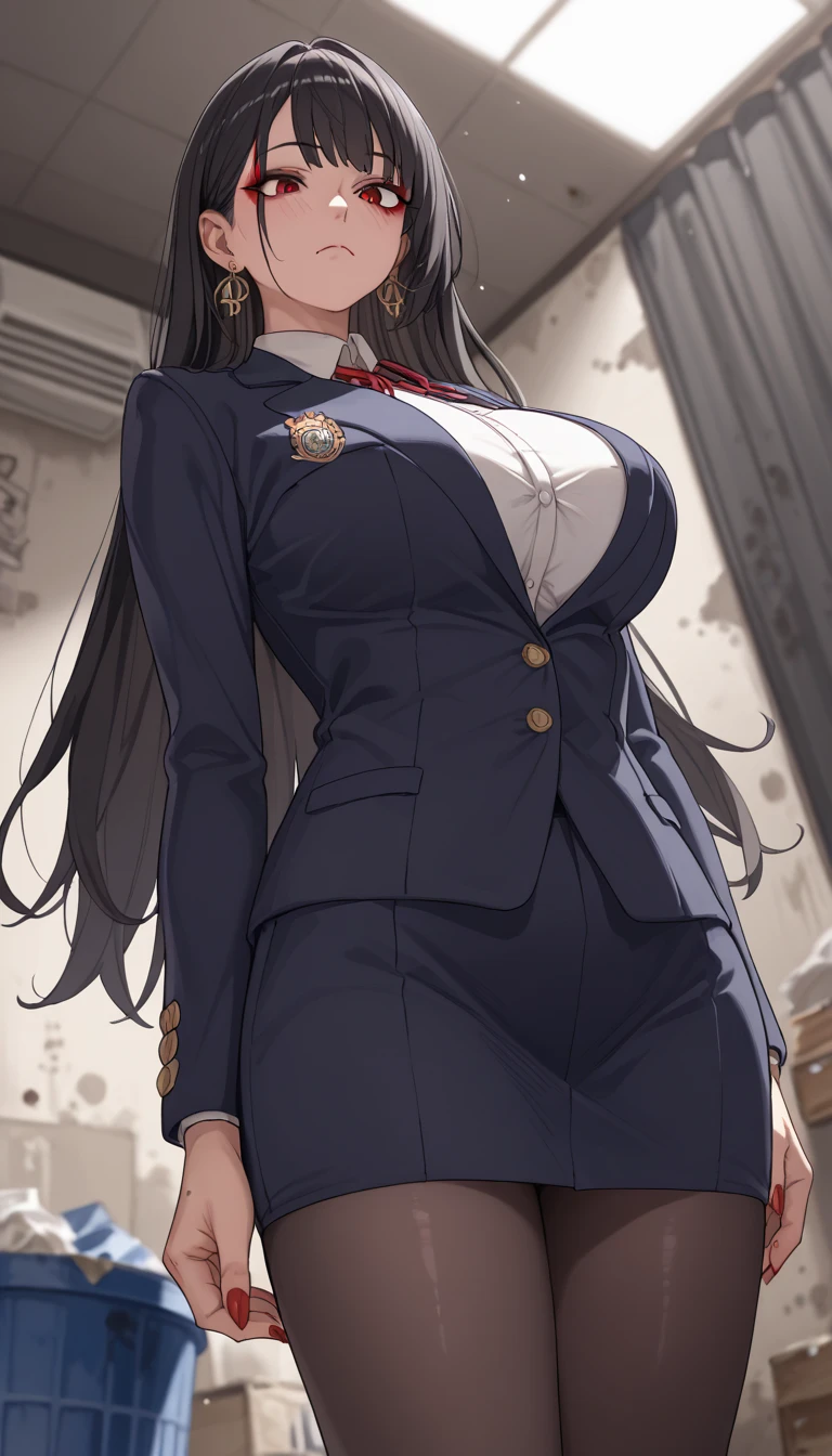  Female High School Student Who Came to Clean a Dirty Dirty Room、 Trash Scattered in the Dark Room 、 angle from below、 super low angle、 Big Breasts 、 flashy earrings and  black long hair、 cool face 、Neat Kogal 、 Female High School Student blazer style Uniform、Bright red eyeliner、 Moist Black Hair 、