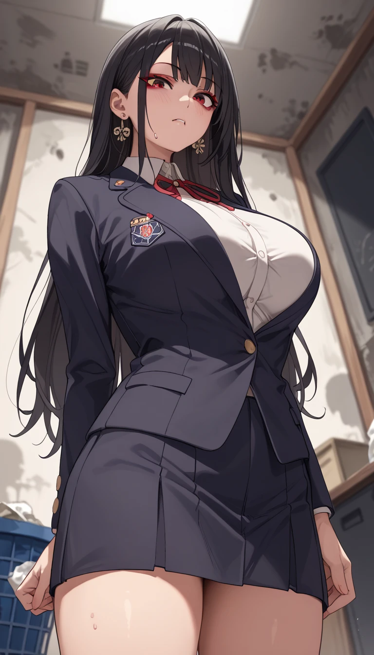  Female High School Student Who Came to Clean a Dirty Dirty Room、 Trash Scattered in the Dark Room 、 angle from below、 super low angle、 Big Breasts 、 flashy earrings and  black long hair、 cool face 、Neat Kogal 、 Female High School Student blazer style Uniform、Bright red eyeliner、 Moist Black Hair 、