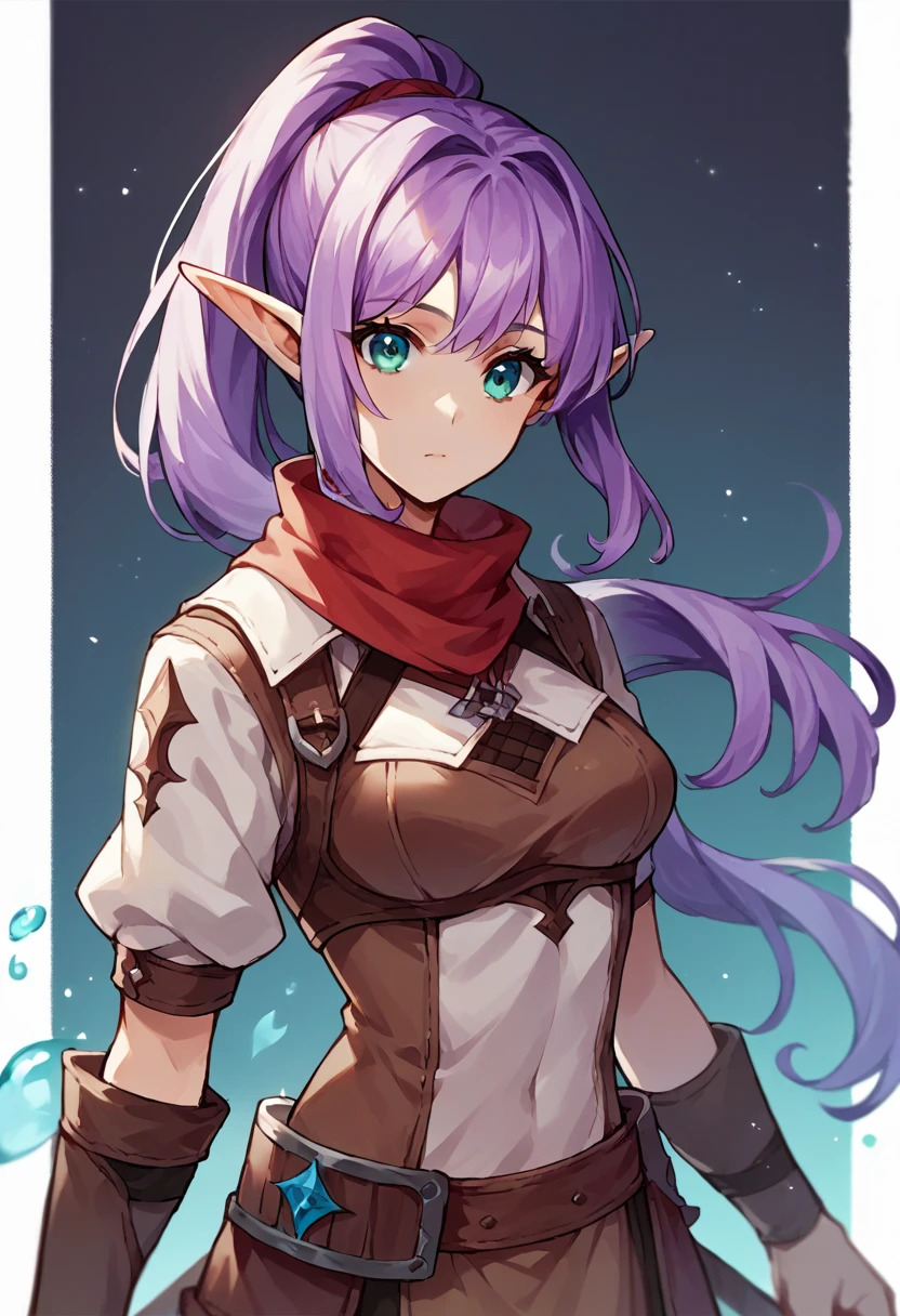 score_9, score_8_up, score_7_up, score_6_up, score_5_up, score_4_up, (source_anime), lilac hair, elf, high ponytail, teal eyes, brown black white assassin outfit, red neck scarf, 1girl, solo, fantasy