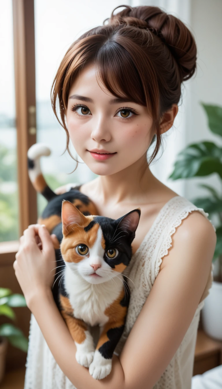  top quality、 三毛猫を抱く girl、cute ***********  girl、 bun hair with brown hair bundled together、 Calico kitten 、 natural look、Long Hit、 natural light