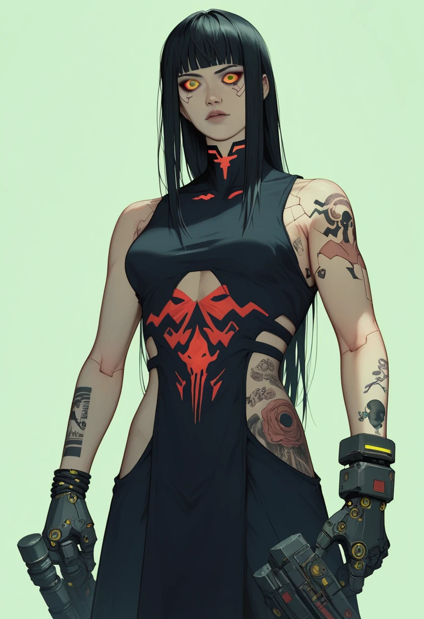 score_9, score_8_up, score_7_up, 1girl, tifa lockhart, micro bikini, happy, claw pose, simple background, brass background,  <lora:ghostglitch-civit:1> ghostglitch, skeleton, extra eyes, katana