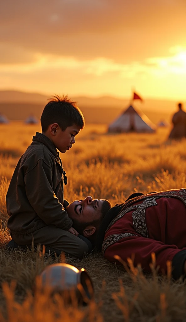 A heartfelt and resilient scene depicting Temüjin standing tall with determination, surrounded by his family in a traditional Mongolian steppe setting. Temüjin, dressed in rugged yet symbolic attire, holds a wooden staff and gazes into the horizon with resolve. His family, including his mother and siblings, stand close to him, reflecting both hardship and unity, wearing simple yet culturally authentic clothing. The background showcases a serene Mongolian steppe under a soft twilight sky, with grazing animals and a few yurts in the distance. A gentle breeze sweeps through the scene, symbolizing hope amidst adversity.