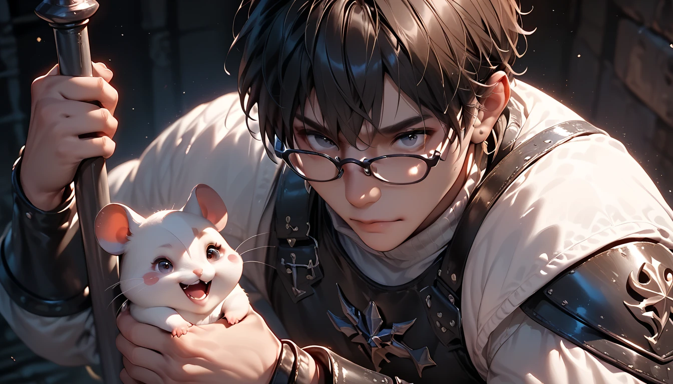 create a fantasy image with a cute and funny white hamster dressed as a warrior with glasses and light leather armor and using a elbow while fighting against a giant monster in a dark underground dungeon