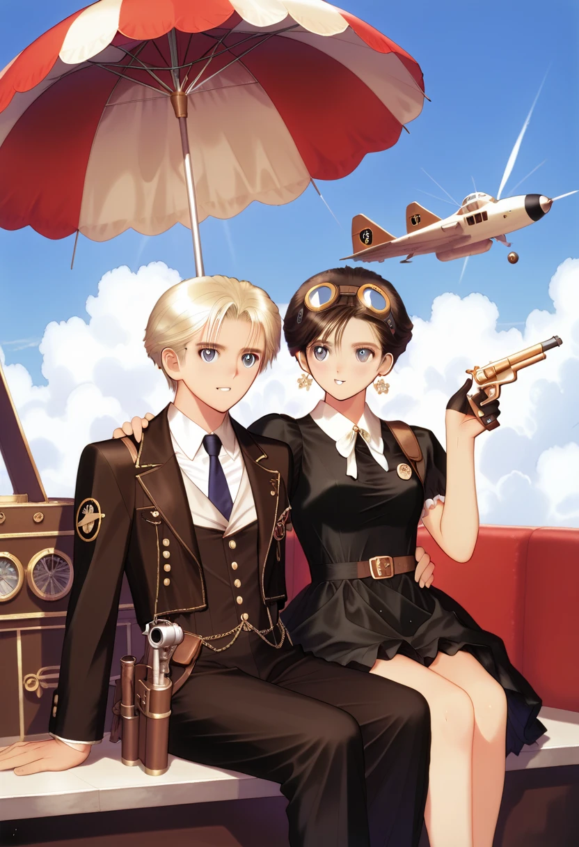   steampunk,  illustration, ultra detail, realistic, 2man,1girl, sitting,  hold a sword ,  hold a large caliber retro gun, SF,  Retro propeller plane, break, 1man, goggles,  machine arm , short hair,   steampunk aristocrat suit, break, 1man,   steampunk, jump suits, have revolver, shoulder holster, break, 1girl, Steampunk dress, jewelry, earring, Retro parasol  , ((artist: TONY TAKA))