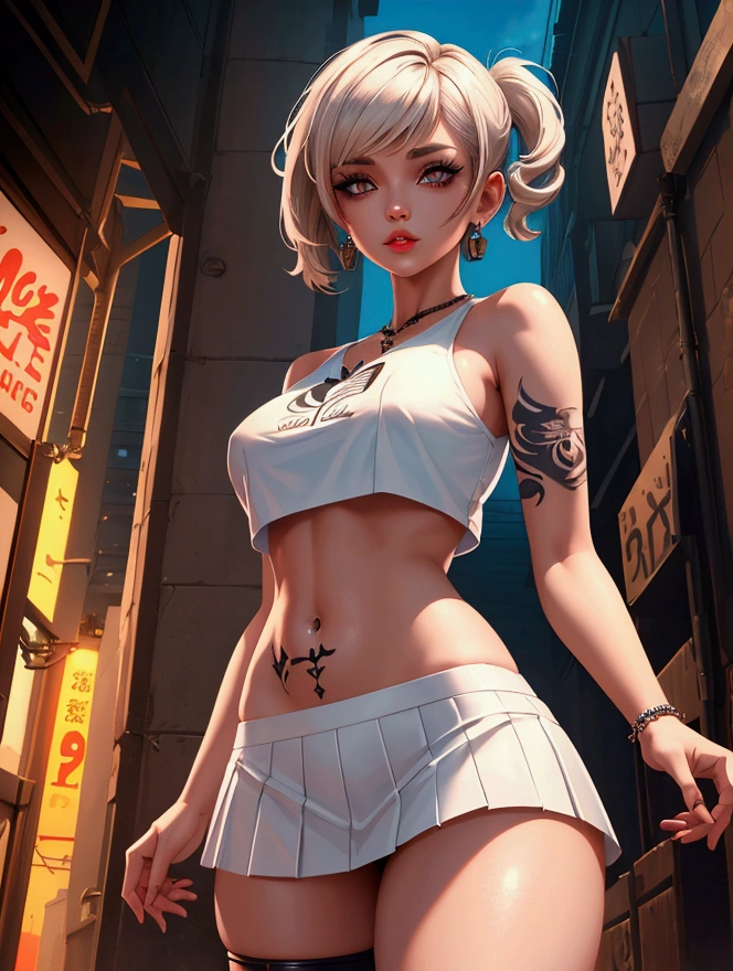 a beautiful short haired brunette girl, white cropped top, white mini skirt, Deathice tattoo on her belly, detailed face, detailed eyes, detailed lips, elegant pose, natural lighting, photorealistic, high resolution, 8k, best quality, cinematic, dramatic atmosphere, colorful, vibrant colors