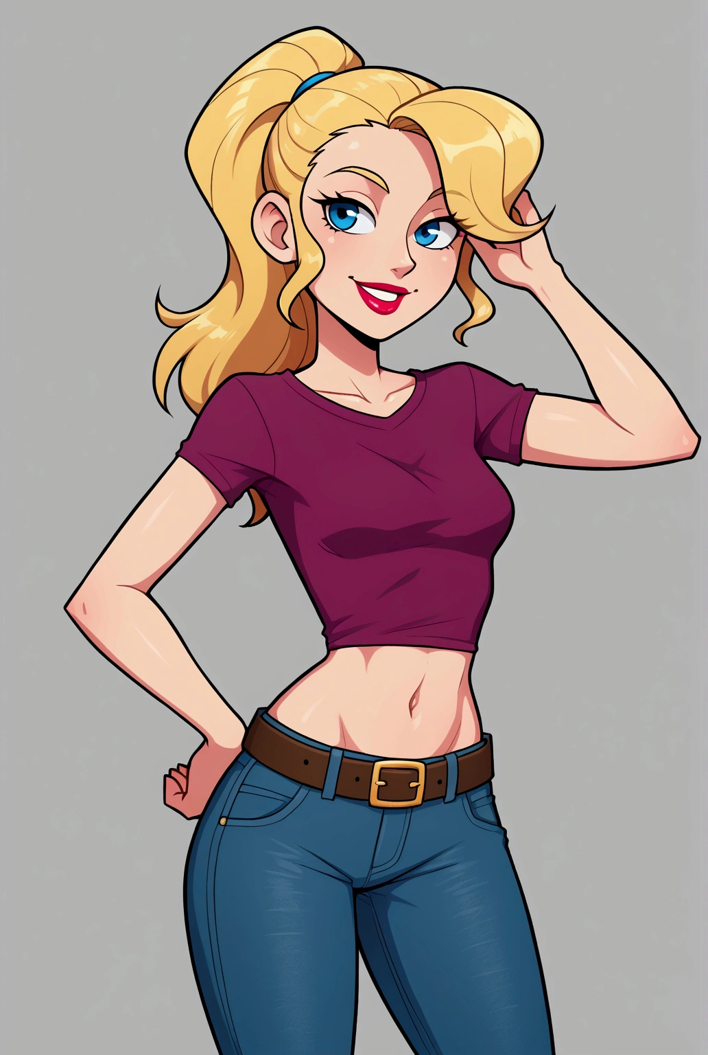 Blonde girl with ponytail, solo, wearing lipstick, jeans, belt, blue long-sleeved shirt, taut shirt, midriff, navel, smile