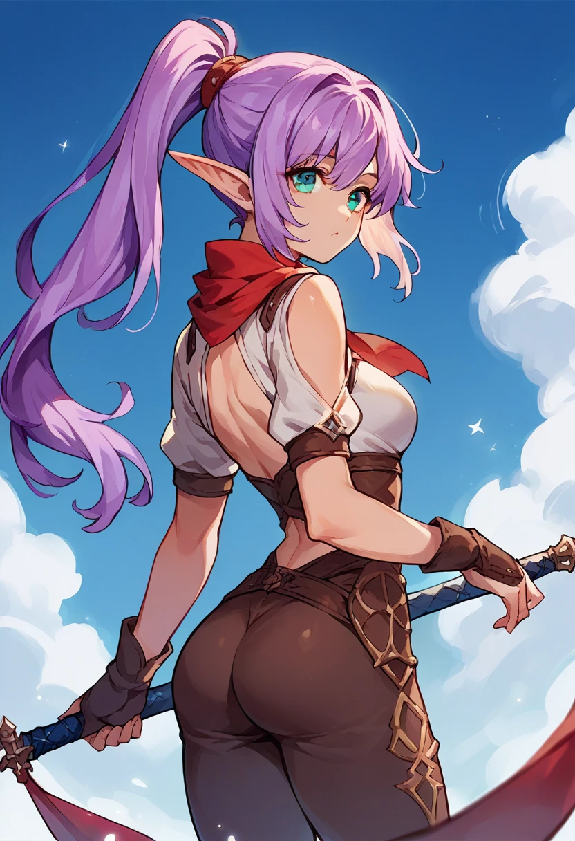 score_9, score_8_up, score_7_up, score_6_up, score_5_up, score_4_up, (source_anime), lilac hair, elf, high ponytail, teal eyes, brown black white assassin outfit, red neck scarf, 1girl, solo, fantasy, ass