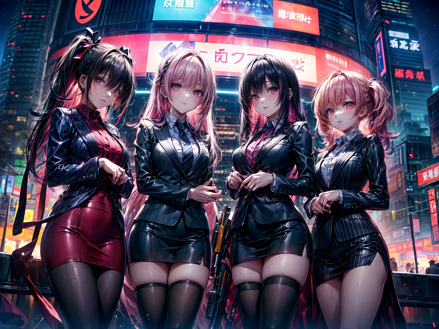une fille, magnifique, tenue ????, robe avec des collants noirs, yeux rouge, inexpressive, avec un pistolet dans la main, vise vers moi, en contre plongé, vu d'en bas, style cyberpunk