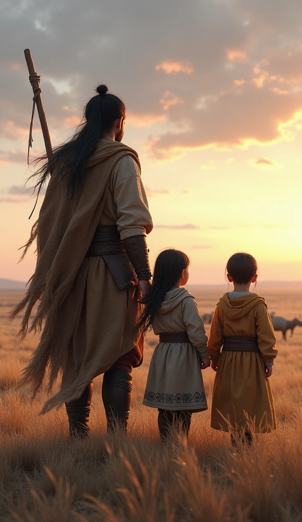 A heartfelt and resilient scene depicting Temüjin standing tall with determination, surrounded by his family in a traditional Mongolian steppe setting. Temüjin, dressed in rugged yet symbolic attire, holds a wooden staff and gazes into the horizon with resolve. His family, including his mother and siblings, stand close to him, reflecting both hardship and unity, wearing simple yet culturally authentic clothing. The background showcases a serene Mongolian steppe under a soft twilight sky, with grazing animals and a few yurts in the distance. A gentle breeze sweeps through the scene, symbolizing hope amidst adversity.