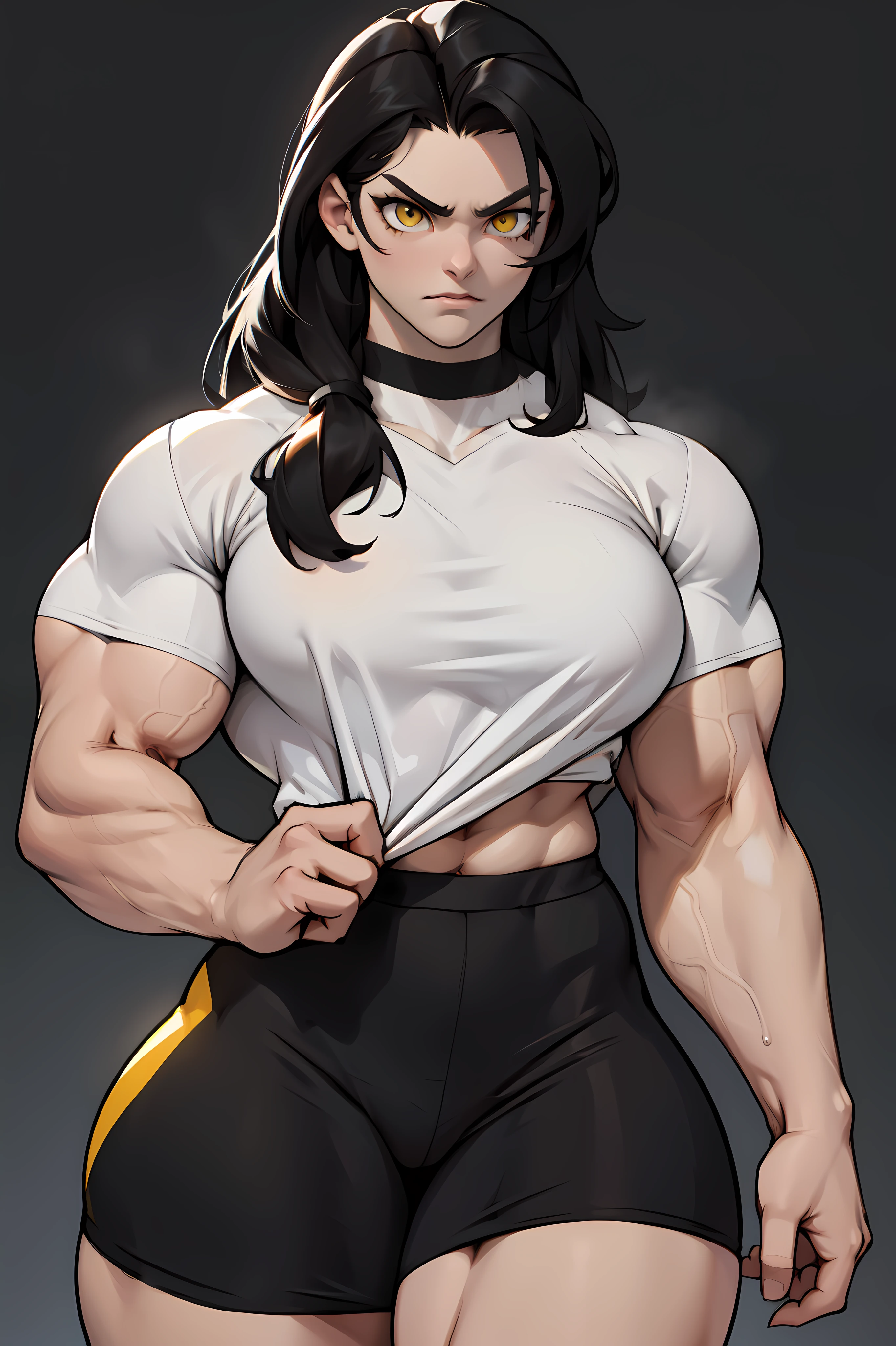 ((1girl)) pale skin large breasts (muscular) toned body thick thighs black hair yellow eyes (long hair grey background) bodybuilder angry tight shirt thick thick thick