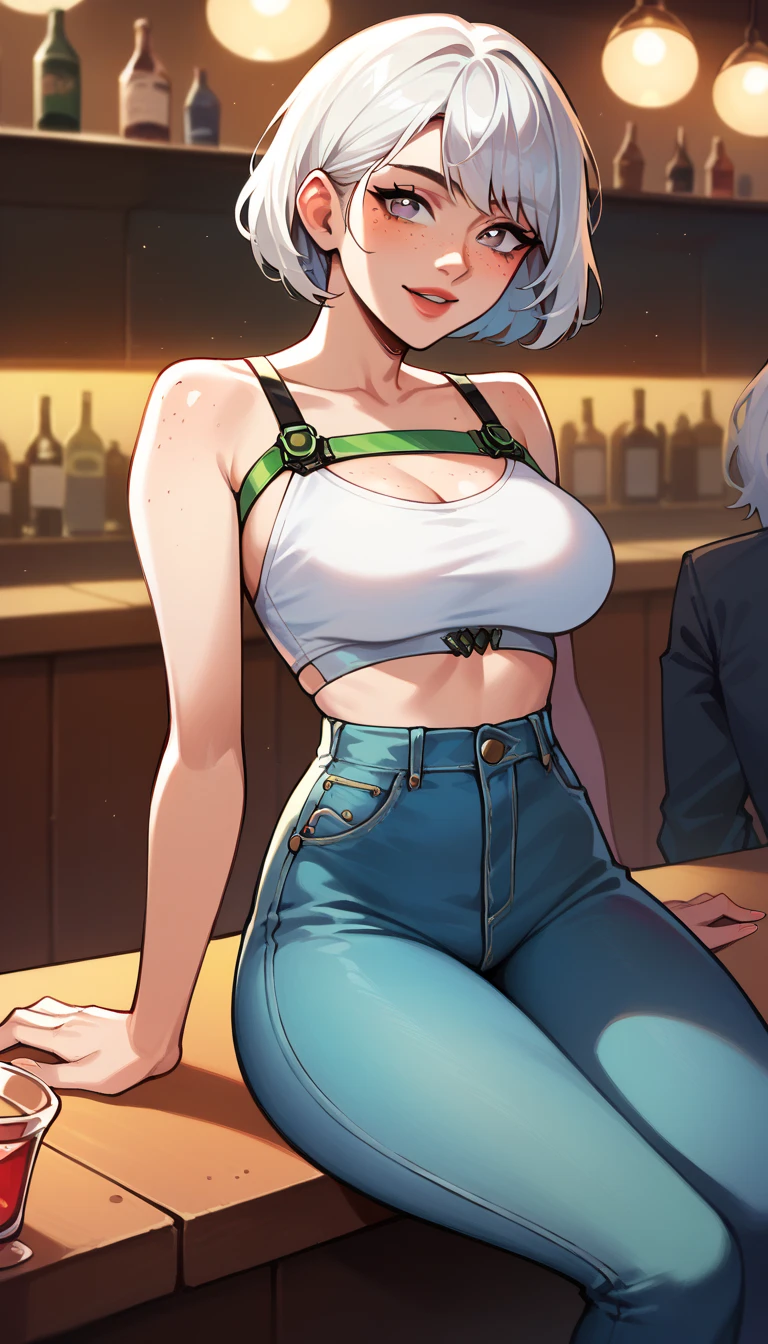 One anime girl, Korean girl 24 years old with white hair Smooth long with Pastel pink wicks and smooth bangs, medium gray eyes Pupil with long eyelashes, freckles on the cheeks and nose, light skin, White top with a drawing of green rackets in the center, jeans, with a relaxed position, sitting on a red bar.