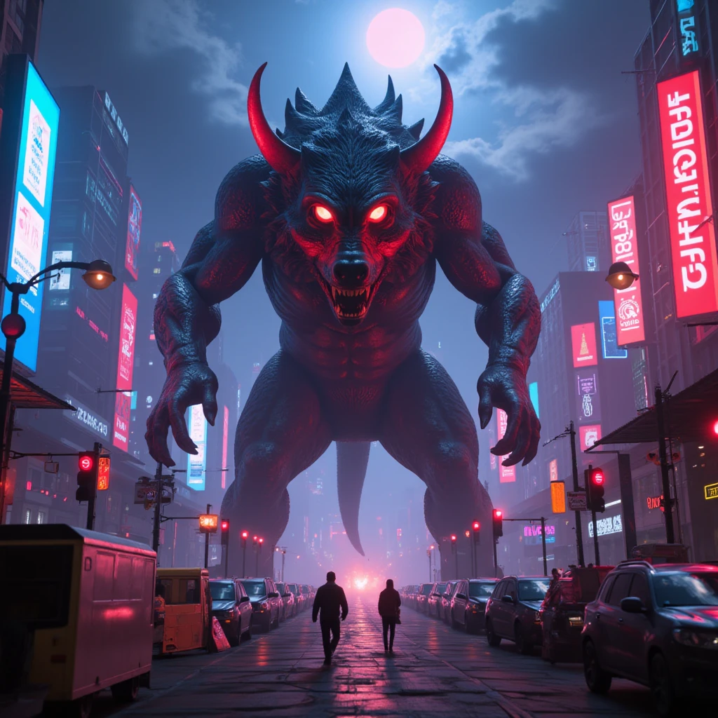 a 3d render of giant lovecraftian demon on cyberpunk city, Color Grading, 5D, Super-Resolution, OLED, Cinematic Lighting, realistic detailed, Nikon 70-200mm f/2.8G
