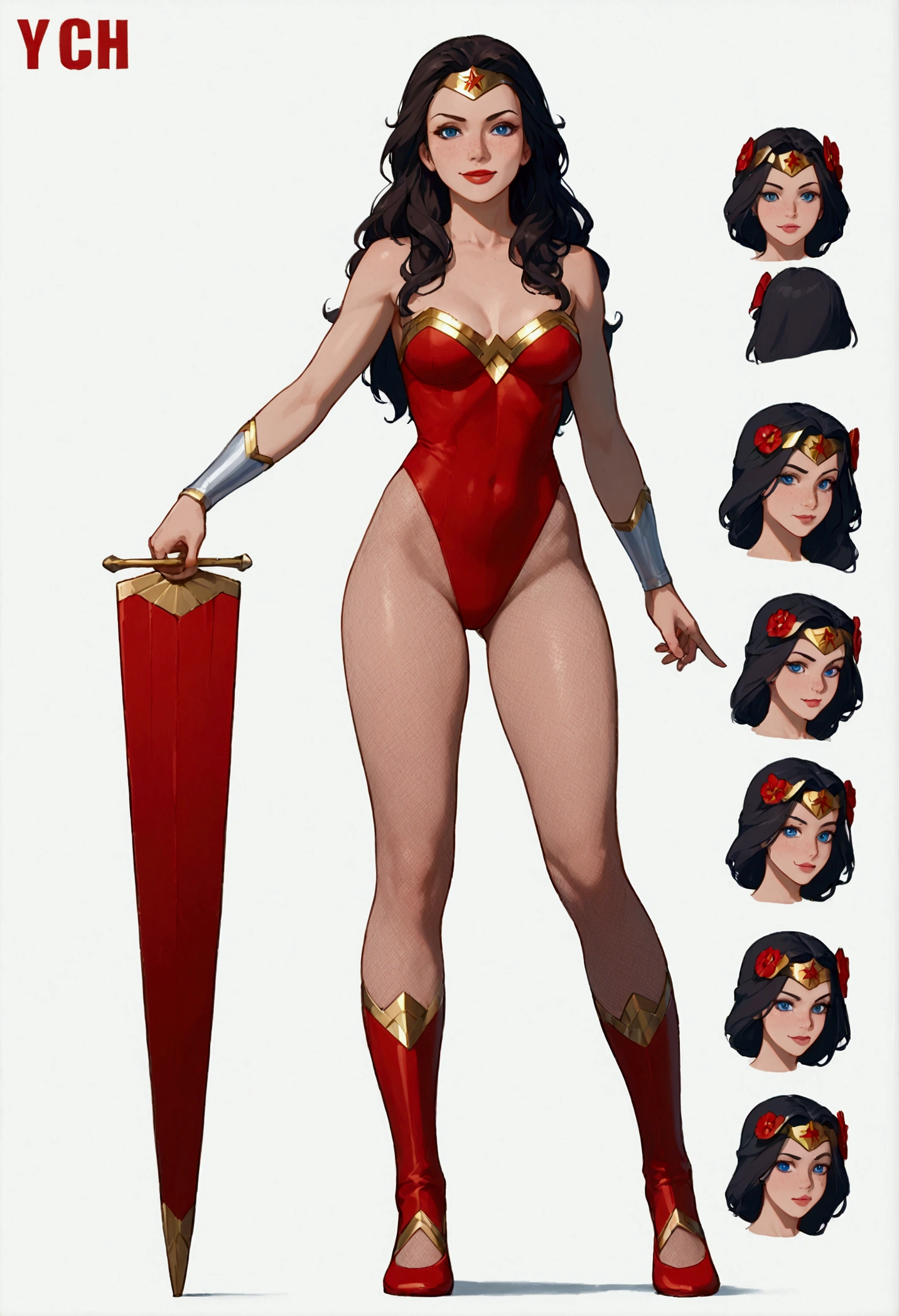 ((full body shot, standing, feet on the ground)) Wonder Woman, ((character design sheet)), masterpiece, best quality, highly detailed, score_9, score_8_up, score_7_up, score_6_up, anime source,BREAK, 2girl, solo, undressed, naked, long hair, blue eyes, flower, hair bow, small breasts, bow, looking at viewer, freckles, parted lips, smile, full body, red lips, lips, boots leather ballet slipper, side-front, She looks at you, your gauze hurts, fishnets, white background, neutral cast, dance pose
