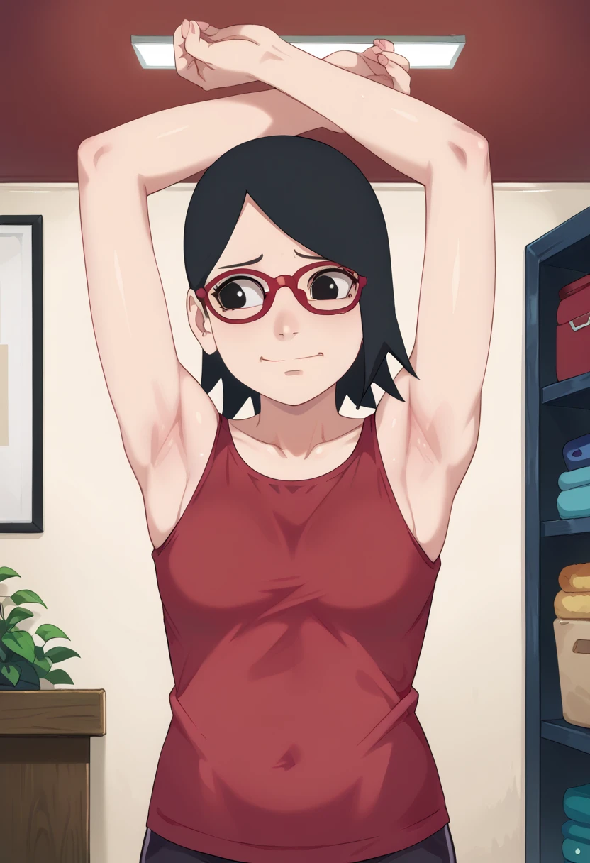 1girl,nsfw,hughres, sarada,short hair,red frame glasses,black eyes,black hair , Worried brow ,smile,,room,Armpit,Armpit wrinkles,Arms up,Stretch,