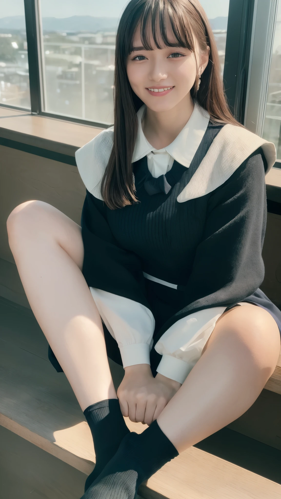 8K、top-quality、​masterpiece:1.2、Real 1.5、Realistic 1.5、Photorealsitic:1.3、18year old、girl with:1.5、Colossal tits:1.5、Heihei mini skirt、Panties visible from the skirt、cute little、A smile:1.2、sitting on、opening legs、