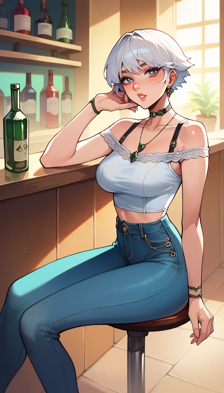 One anime girl, Korean girl 24 years old with white hair Smooth long , medium gray eyes Pupil with long eyelashes, freckles on the cheeks and nose, light skin, White top with a drawing of green rackets in the center, jeans, with a relaxed position, sitting on a red bar.