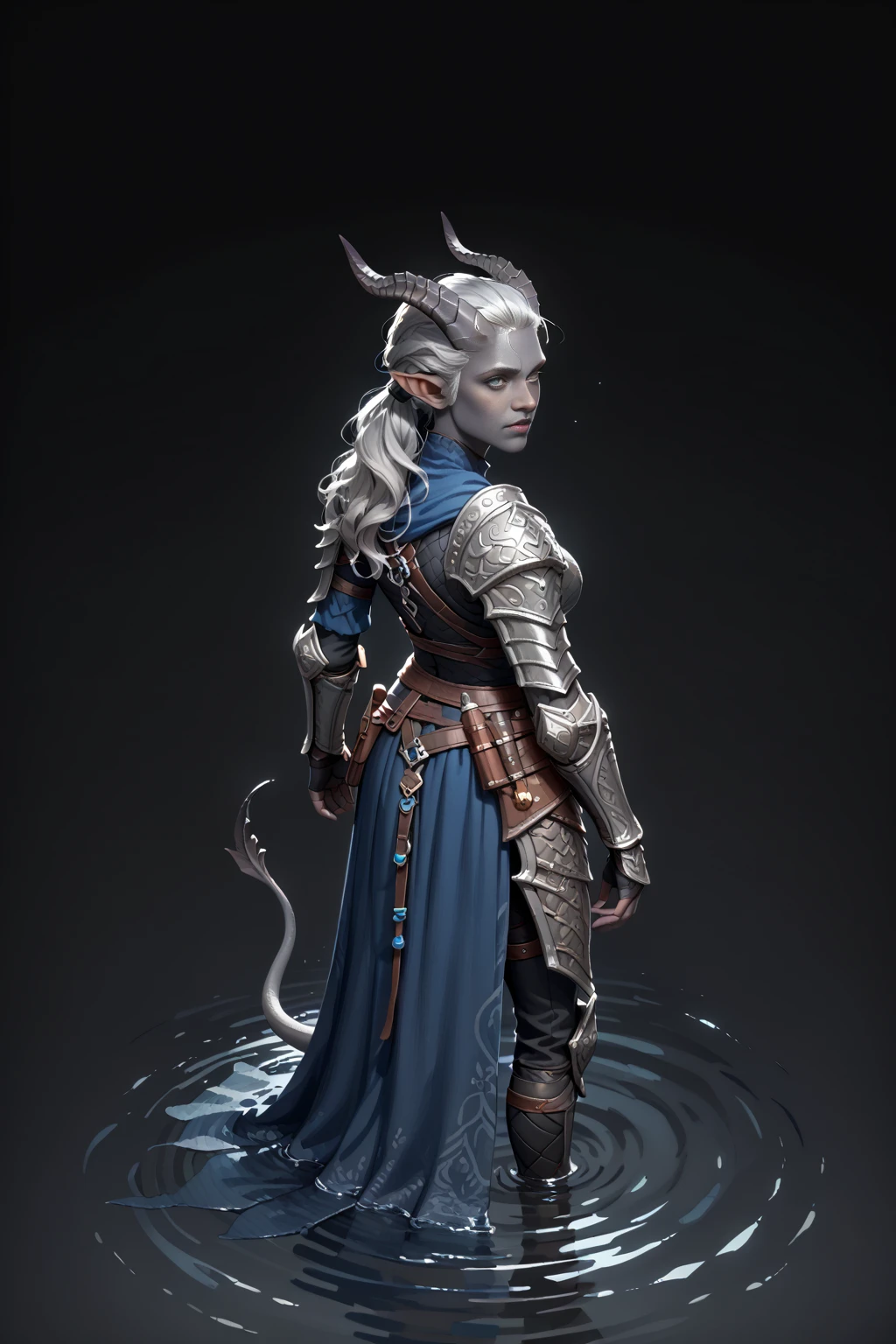 (A sprawling cedar is growing), standing nearby in the water  (1Тiefling ,  dark blue-gray skin :1.4),  girl  , (30 years old) (bright blue-grey eyes, black whites of the eyes ) chainmail, gray-black armor ,   Protection on a thick blue tail, long, (((очень толстый long хвост))),  (( dynamic posture looks back from behind.  stands half a turn , face visible)) , ( dark grey straight short horns), (( long dark blue-grey hair )) ,  (  top quality,  masterpiece fails,   in the highest detail ) ,  fantasy background. blue tones, Dark tones,  fantasy background.  Clear water. scale,  Dark colors , dark shades,  muted colors. (( view from above )).  muted colors. 