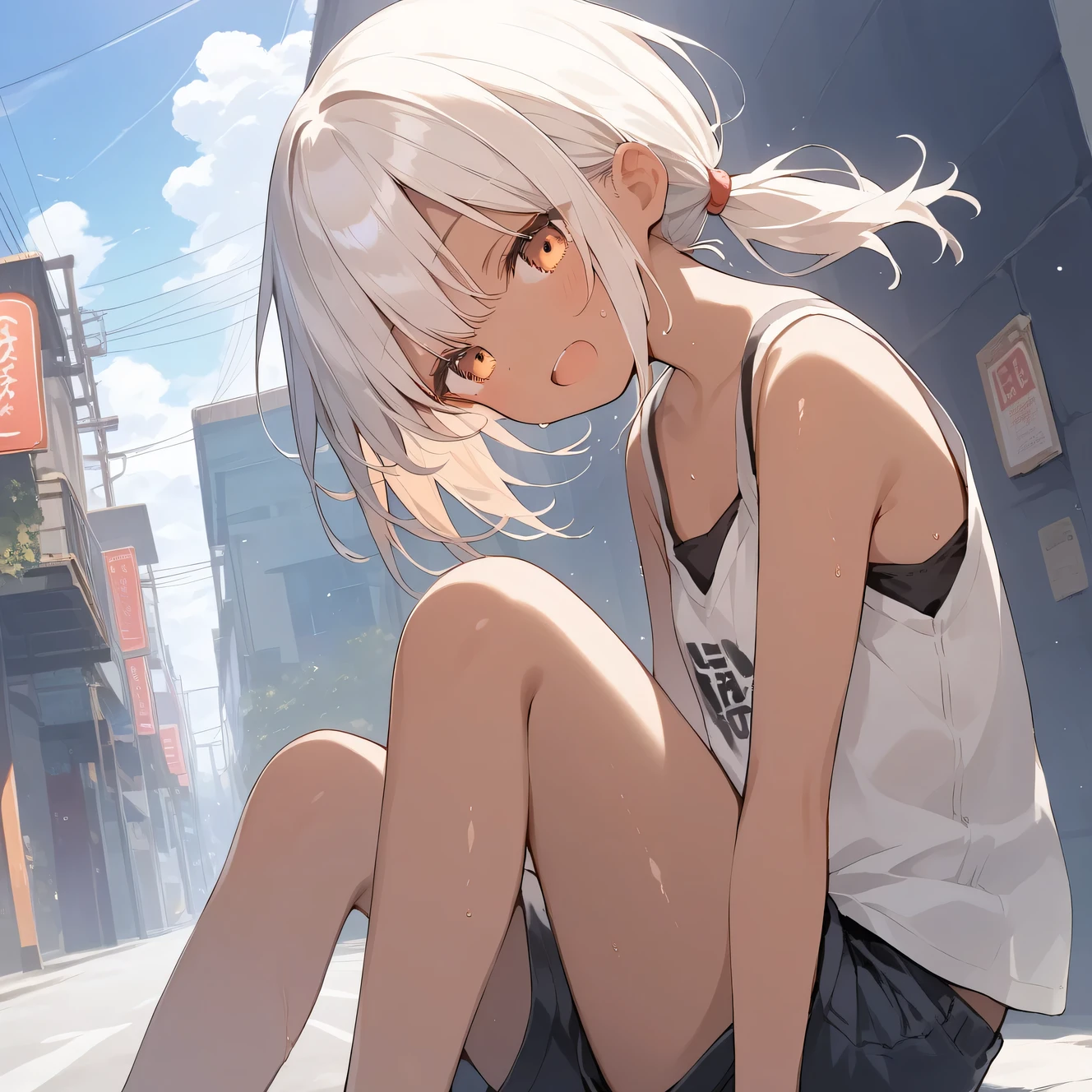 score_9, score_8_up, score_7_up, source_anime, best quality, masterpiece, official art, absurdres, highres, ultra-detailed,waifu2x,Collection: Slice of Life,break,1girl, tomboy, dark-skinned female, short hair, low ponytail, flat chest, beautiful detailed eyes, shorts, sweat, open mouth, (yawn:0.3), sleepily, outdoors, wind,break,(clear line illustration:1.2), super detailed skin,very high resolution, very aesthetic, Best sexual lighting powered by famous artist, 8k,cute picture,beauty illustration,photoshop_(medium),,(Detailed Lighting),best anime 8k konachan wallpaper, pixiv contest winner,