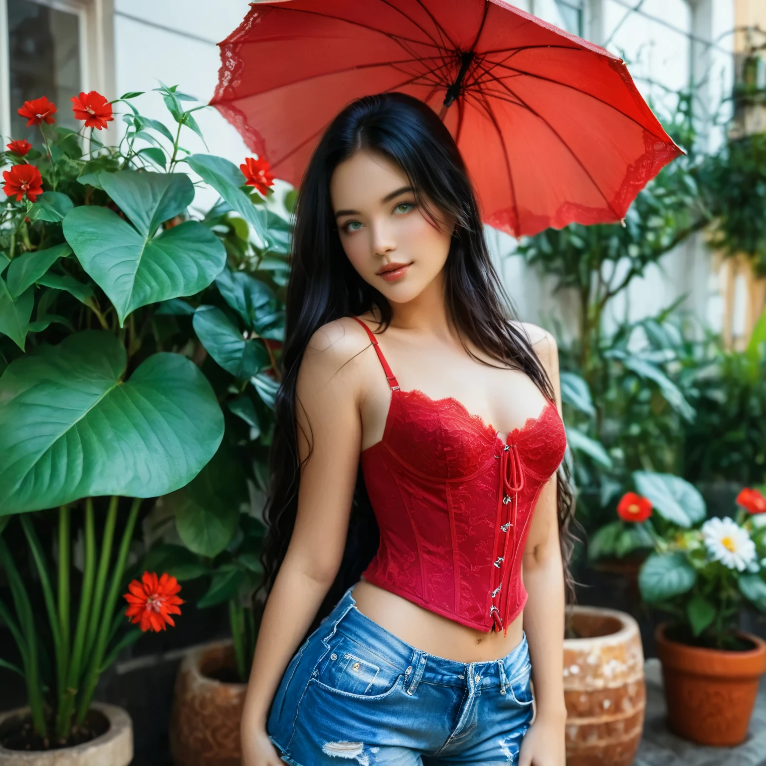 a young woman standing outdoors, surrounded by vibrant foliage and colorful flowers. She is wearing a red lace corset-style top with thin straps, paired with distressed denim shorts. Her long dark hair flows down naturally, framing her face. She is leaning slightly to one side with a relaxed, confident expression. The background includes red umbrellas, potted plants, and a café-like setting, suggesting a charming outdoor location. The overall mood of the image is casual and chic.