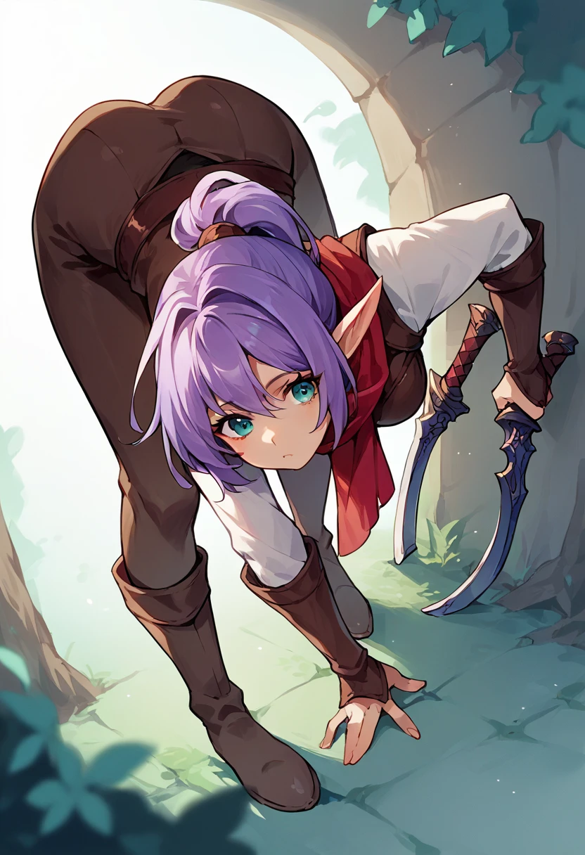 score_9, score_8_up, score_7_up, score_6_up, score_5_up, score_4_up, (source_anime), lilac hair, elf, high ponytail, teal eyes, brown black white assassin outfit, red neck scarf, 1girl, solo, fantasy, bent over, ass