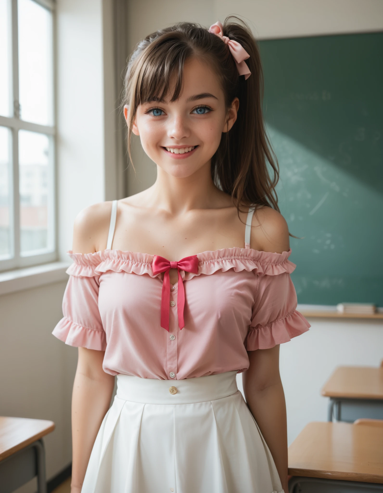 masterpiece, best quality, highres, young woman, 1girl, long hair, one side up, solo, ponytail, hair ribbon,brown hair, blue eyes, bare shoulders, pink shirt, off-shoulder shirt, frilly skirt, white skirt, cowboy shot, looking at viewer, smile,standing, Wearing backpack,  indoor, classroom, looking at viewer 