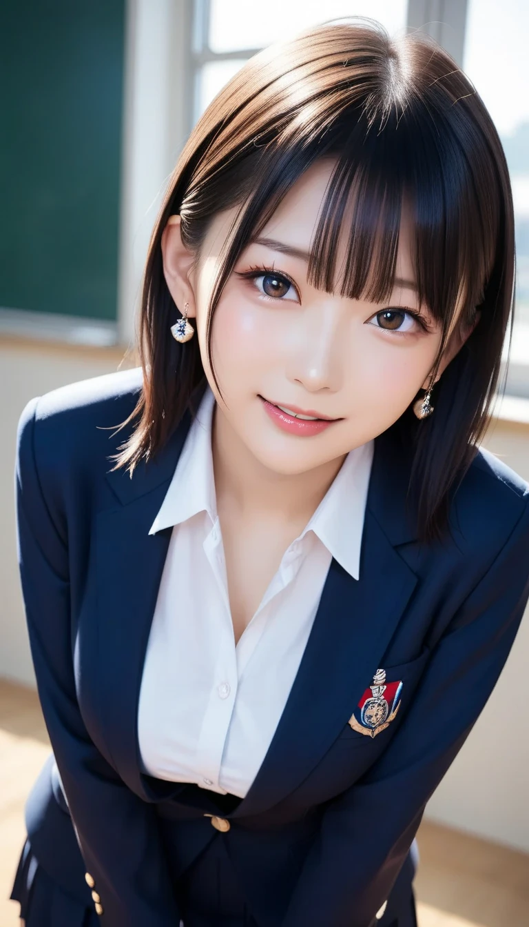 スコア_9, スコア_8_アップ, スコア_7_アップ, sアップer detailed, BREAK A breathtakingly beautiful Japanese woman with long, silky black hair, wearing a modern school uniform with a fitted blazer, short skirt, and tights. She has a radiant smile, stunning facial and eye details, and a confident yet graceful demeanor. She is posing in a classroom setting, leaning forward slightly with her hands placed behind her back, emphasizing her elegant posture. Her figure is curvaceous with a focus on her proportions, and the scene captures her in a dynamic position as she squats or does the splits. The atmosphere includes soft steam or light haze for added depth and realism. Ultra-high-definition, 32K resolution, masterpiece-level detail, Hausmo style.