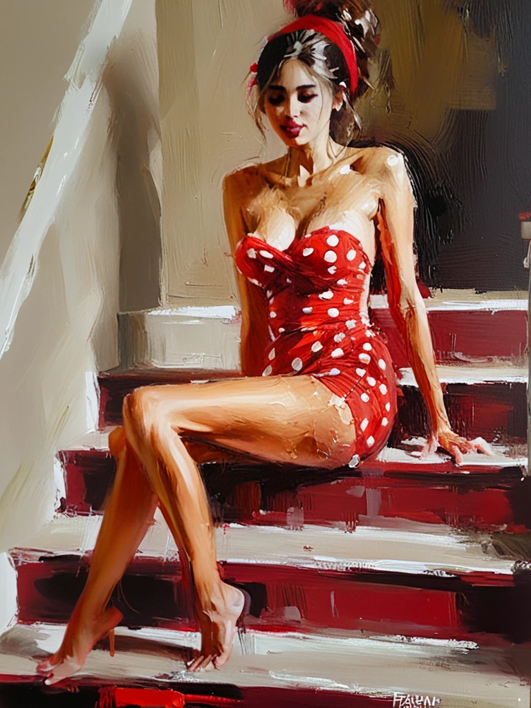 Very authentic painting by (Fabian Perez:1.3) , (Henry Asencio:1.2), (Alessandro Barbucci:1.1), a beautiful naked mixed woman sitting wearing a red polka dot sundress sitting on a set of apartment stairs, holding a bottle of wine,, ..., master piece, complete body view, beauty, sensual feminine, visible flat brushstrokes, thick layers of paint, .. on dark background, light leaks, The painting is done with loose brushstrokes and vibrant rich imperial colors.