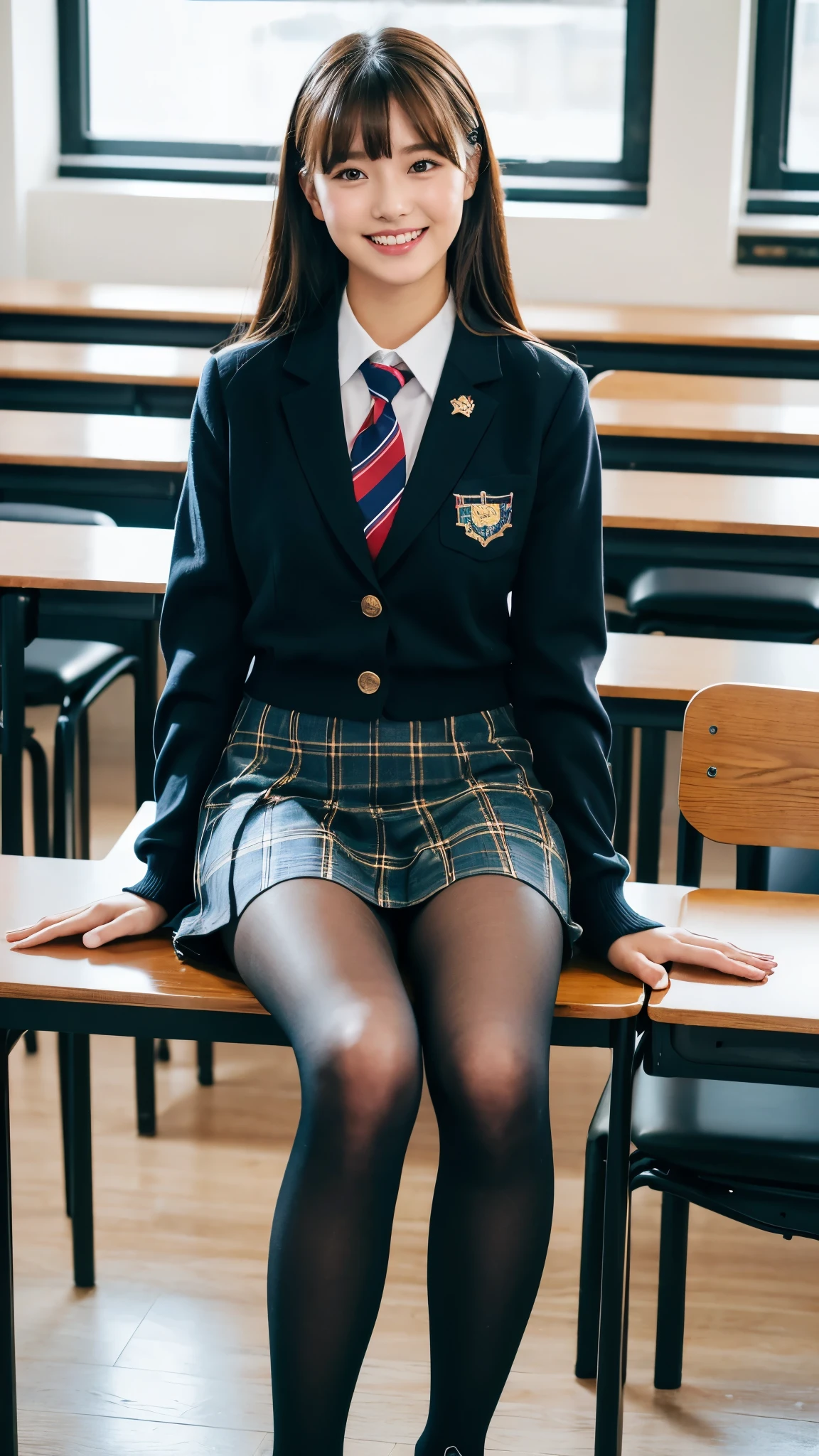 (Highest quality, 4K, 8k, High resolution, masterpiece, Genuine, Realistic, Realistic:1.3), (upper body), Girl sitting on the school desk in classroom, blue neckerchief Uniform, Dark Blown Blazer, blown plaid skirt, Gal Makeup, wearing oversize dark sweater amd white collared shirts, dark black pantyhose, ((straight long hair)), Gold Bracelets, 19-year-old, bangs, grin,Thighs, knees, From below, pinching skirt:0.7, black long socks, open legs:0.8,,