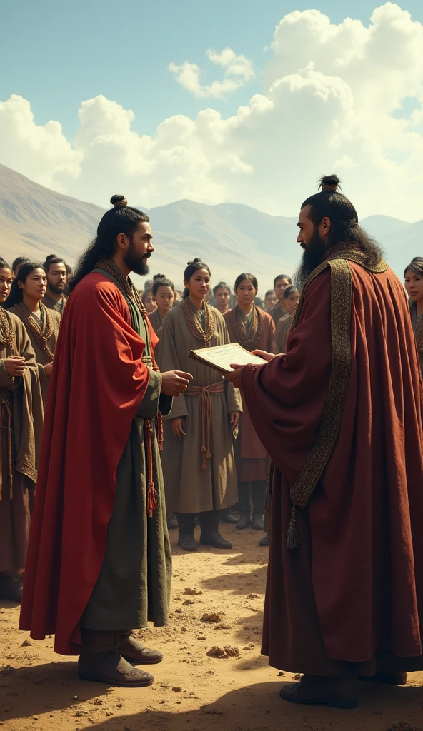 A heartfelt and resilient scene depicting Temüjin standing tall with determination, surrounded by his family in a traditional Mongolian steppe setting. Temüjin, dressed in rugged yet symbolic attire, holds a wooden staff and gazes into the horizon with resolve. His family, including his mother and siblings, stand close to him, reflecting both hardship and unity, wearing simple yet culturally authentic clothing. The background showcases a serene Mongolian steppe under a soft twilight sky, with grazing animals and a few yurts in the distance. A gentle breeze sweeps through the scene, symbolizing hope amidst adversity.