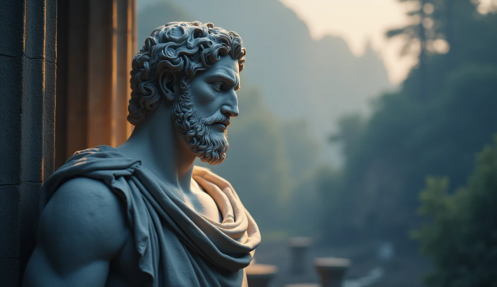 Create a captivating YouTube thumbnail for a video titled "Магія Мовчання: Як Тиша Веде до Мудрості та Сили." The image should have a mystical and serene atmosphere, featuring a highly detailed ancient marble statue in the style of Stoicism as the central figure. The statue should exude an aura of calmness and introspection, surrounded by subtle light that emphasizes its timeless wisdom. The background should blend elements of nature, like a tranquil forest or peaceful mountainside at dawn, with an overall color palette that balances deep blues, soft purples, and gentle golds. Incorporate visual cues of wisdom, such as a glowing light around the statue’s head, and symbols of strength like ancient columns or sturdy trees. The atmosphere should feel both mysterious and thought-provoking, drawing the viewer into a world of ancient philosophy. The text "Магія Мовчання" should be bold and clear, placed at the top with a slightly ethereal glow, while "Як Тиша Веде до Мудрості та Сили" should be smaller and elegantly positioned at the bottom. The overall composition should be visually striking and inviting, designed to captivate the viewer with its blend of ancient wisdom and serene beauty.