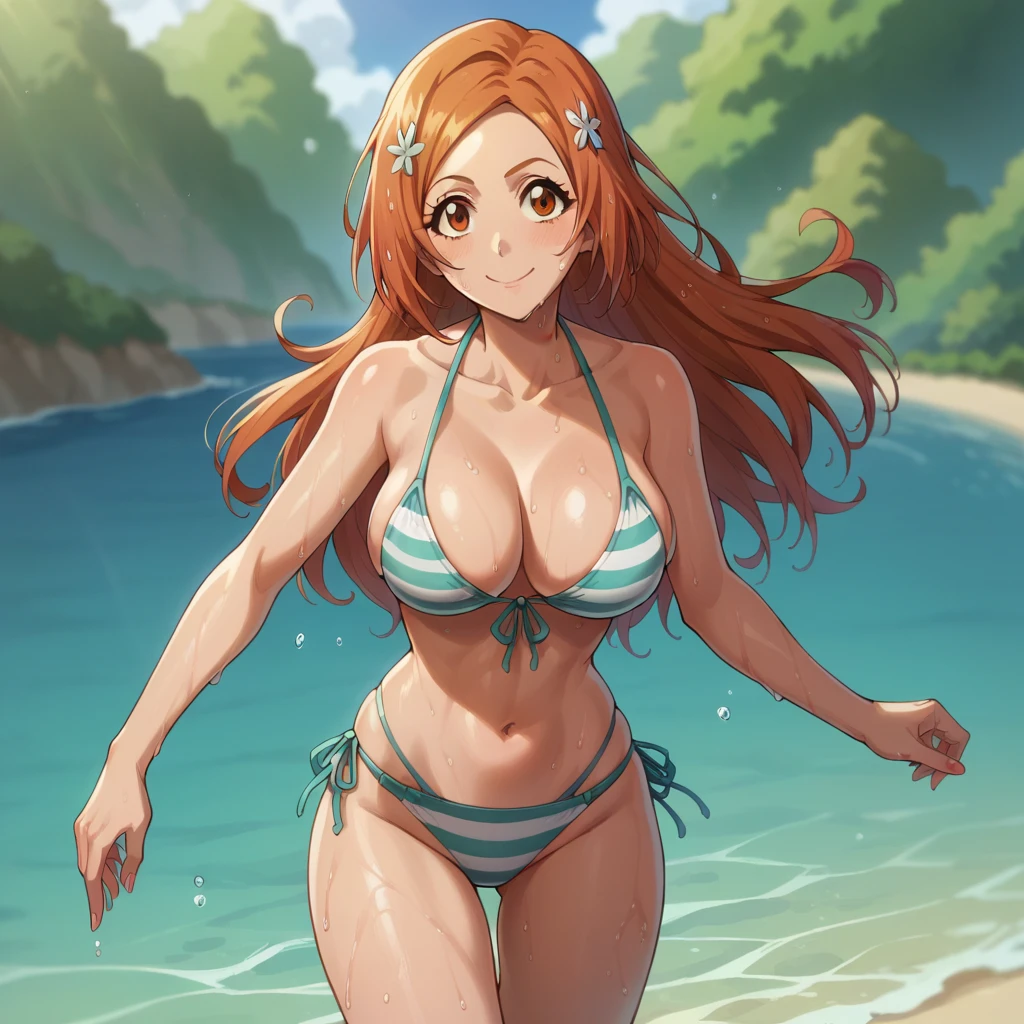 inoue orihime,  orange fur , orange eyes , ,  flirty smile ,  Big Tits, ,bikini color naranjo.  is walking on a lonely beach. A Single Woman Lonely Woman . loose hair . wet body . 