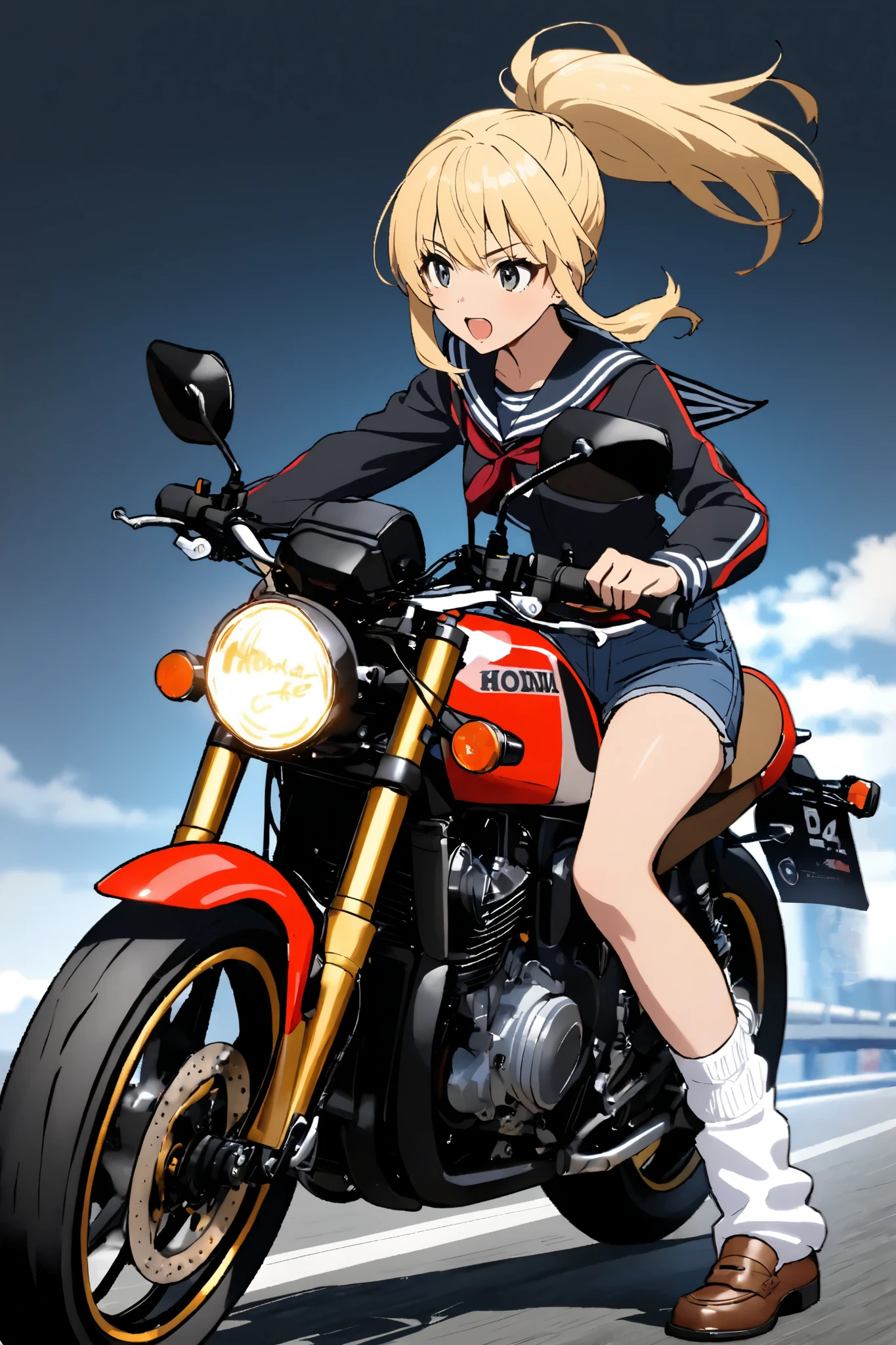 1 high school girl rides a motorcycle tuned to Honda CBX400F cafe racer specifications, a separate handlebars, rocket cowl, sailor suit, loose socks, loafers, glossy brown skin, small breasts, video, Yellow Hair, ponytail, 