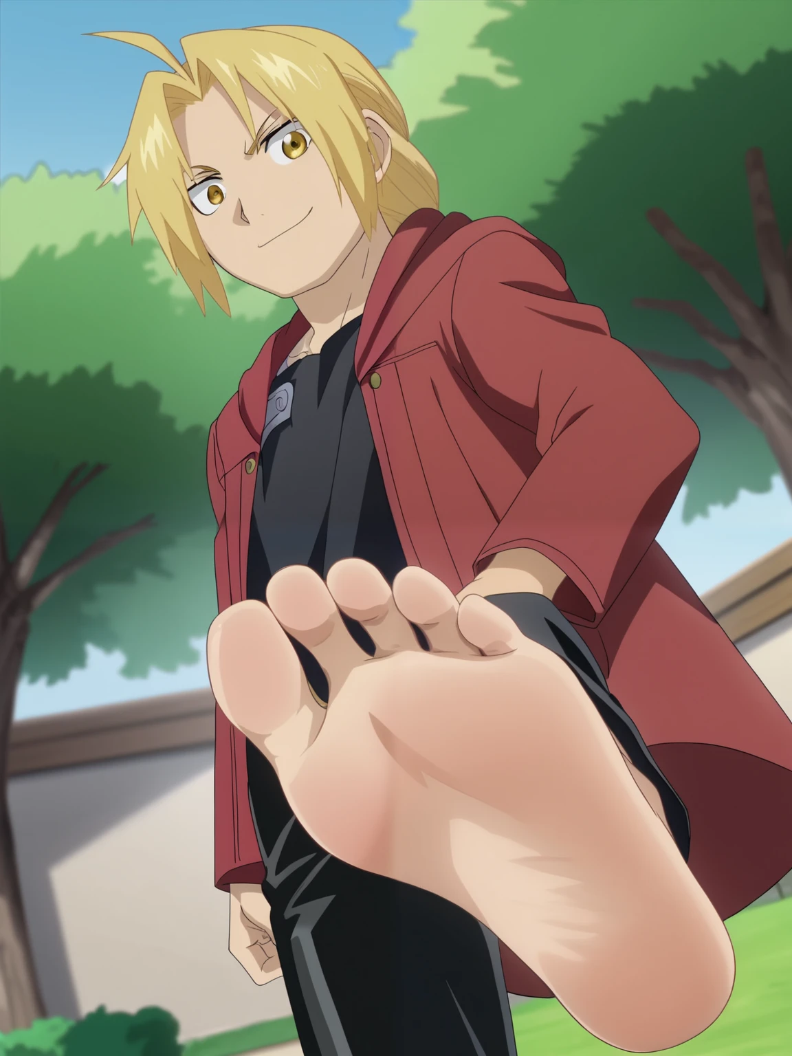 score_9, score_8_up,source_anime,
1boy, Edward Elric alone, looking at viewer, cowboy shot, anime screencap, anime coloring，barefoot，Perfect feet，Anatomically correct，soles，low angle，Focal length 35mm, Five toes，front，Symmetrical Soles，Foot Focus, in a garden, standing, lifting one leg to show his soles, flirty gaze, flirty smile,



golden-blond hair long - usually tied in a braid that hangs down to his shoulders, but sometimes forgoing the braid for a simpler ponytail. He parts his bangs in the middle so that they frame his face on either side as they fall and, in the center of the parting, he leaves a single strand of hair sticking up like an antenna. Gold eyes. Red coat, black jacket, black shirt, black trousers