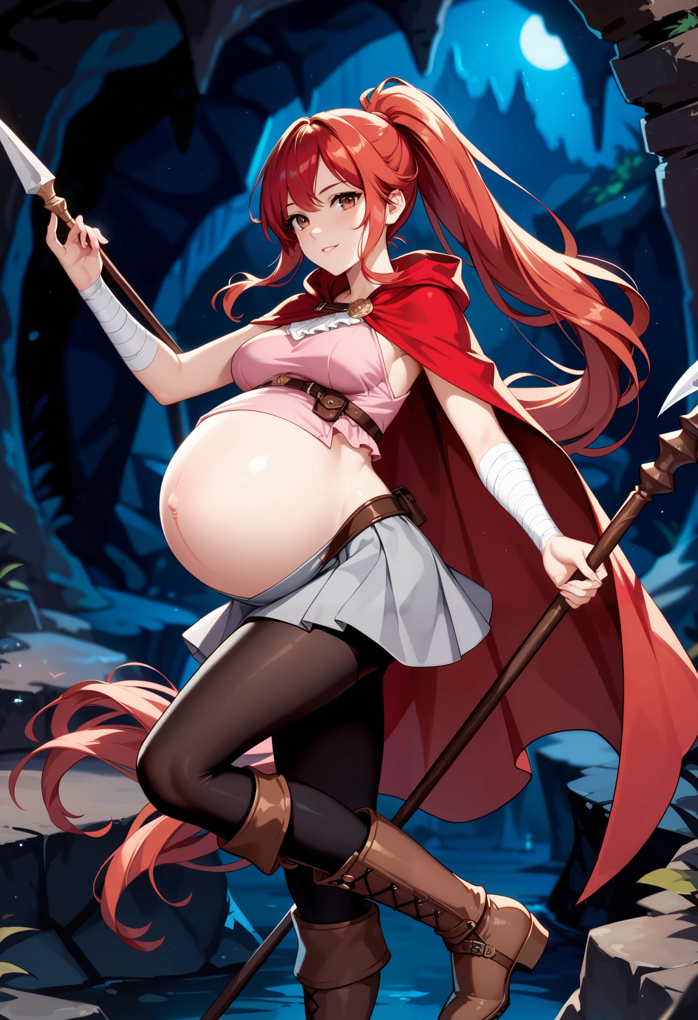 High Resolution, High Quality, High Details, cave scene, night, 1girl, red hair, long Ponytail, brown eyes, medium breasts, red cloak, pink tunic, grey skirt, black leggings, armor boots, looking at wall drawing, holding spear, pregnant belly, right arm covered by bandages, flirting pose