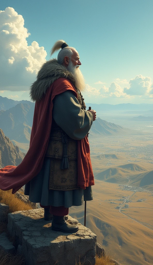 A heartfelt and resilient scene depicting Temüjin standing tall with determination, surrounded by his family in a traditional Mongolian steppe setting. Temüjin, dressed in rugged yet symbolic attire, holds a wooden staff and gazes into the horizon with resolve. His family, including his mother and siblings, stand close to him, reflecting both hardship and unity, wearing simple yet culturally authentic clothing. The background showcases a serene Mongolian steppe under a soft twilight sky, with grazing animals and a few yurts in the distance. A gentle breeze sweeps through the scene, symbolizing hope amidst adversity.