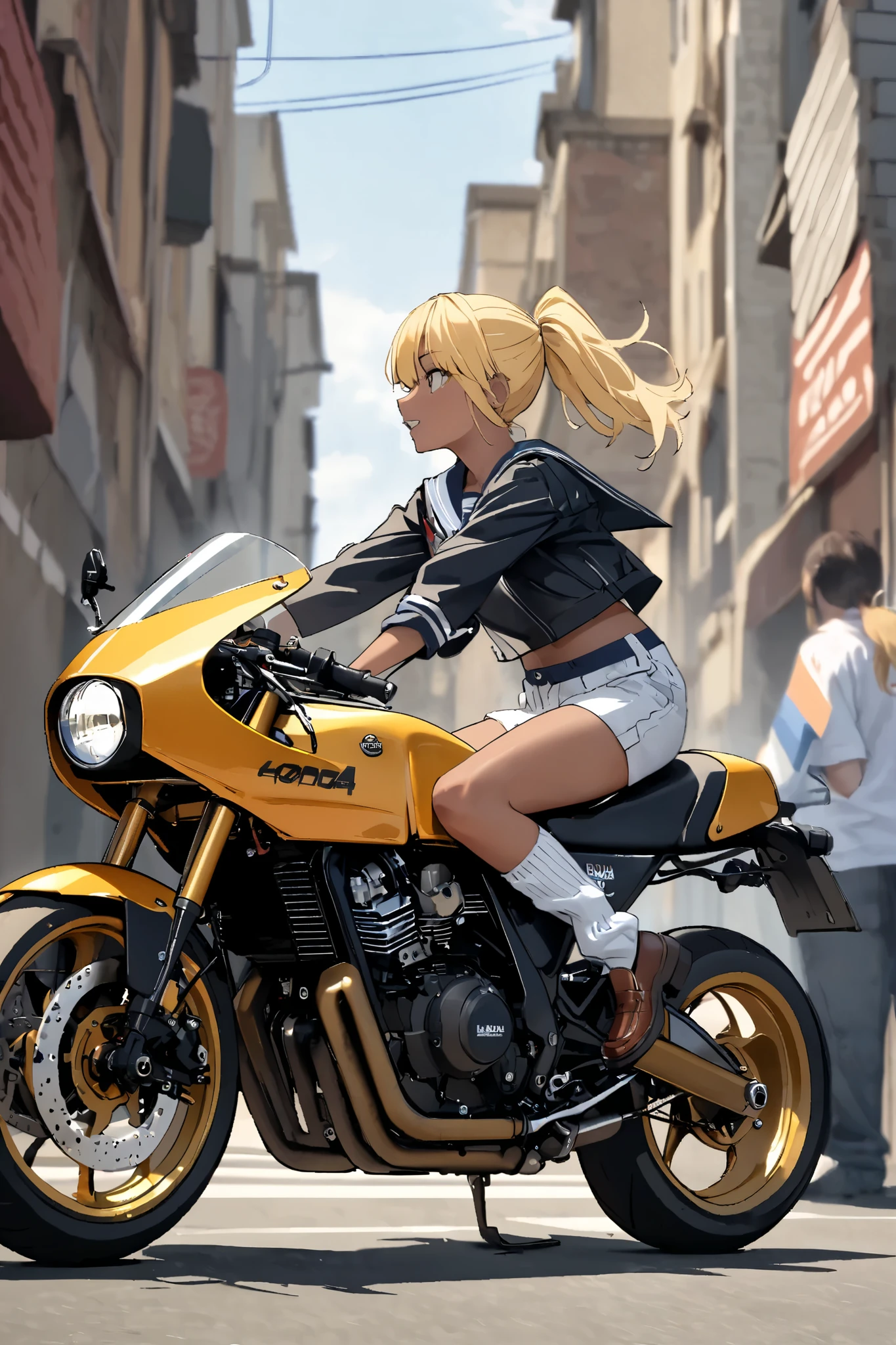 1 high school girl rides a motorcycle tuned to Honda CBX400F cafe racer specifications, a separate handlebars, rocket cowl, sailor suit, loose socks, loafers, glossy brown skin, small breasts, video, Yellow Hair, ponytail, 