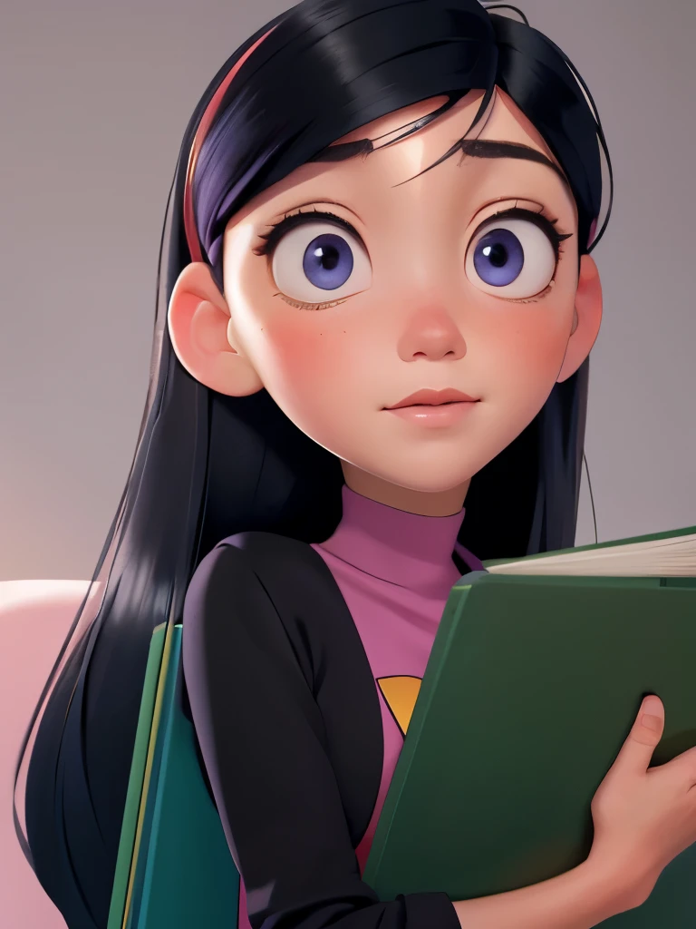 (best quality:1.4),(shiny skin), body focus, (cute face), (((best quality))), illustration, ((Beautiful Finger)), , Beautiful body, Beautiful character design, ,perfect lighting, Colorful, Bright_Front_face_Lighting, ultra high res, highres, absurdres:1.2, bokeh:1.2, lens flare, (vibrant_color:1.2), (Beautiful, medium breasts:1.2), (thick thighs:1.1), THICK,
holding green folder or book, small nose, long black hair with pink hair clip, purple shirt, looking sideways, pink blush on cheeks, large blue eyes, white left eye with black pupil visible